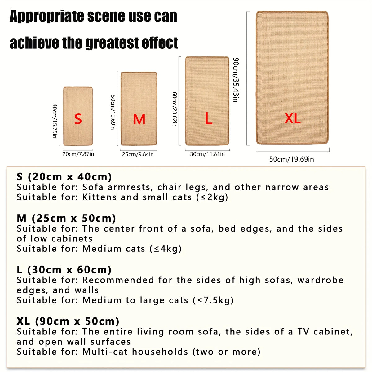 A set of natural sisal cat scratching mats labeled S, M, L, and XL showing various sizes for cats.