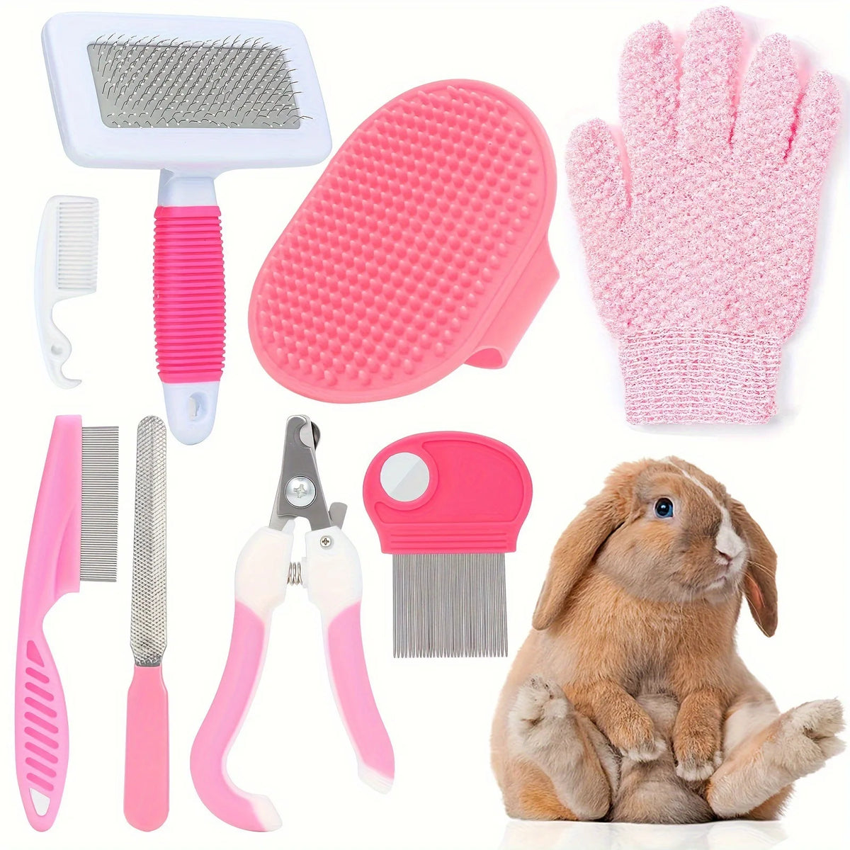 Eine Sammlung rosa Tierpflegewerkzeuge, darunter eine Bürste, Nagelschere und ein Kaninchen.