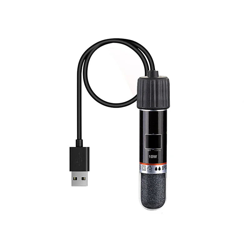 A black USB mini aquarium heater with a coiled wire and a cylindrical body is shown.