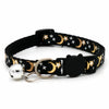 Black adjustable pet collar with a bell necklace featuring gold crescent moon and star designs