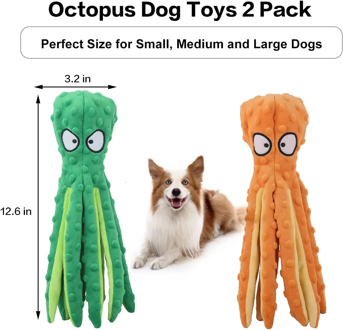 A green octopus dog toy with crinkle legs is shown next to an orange one, demonstrating the perfect size for small, medium, a