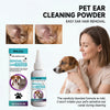 A woman is shown cleaning a dog's ear with pet ear cleaning powder, demonstrating easy hair removal.