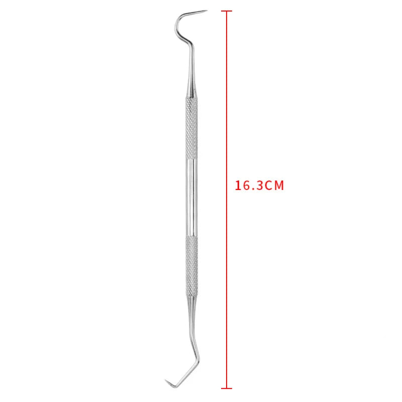 A stainless steel dog tooth cleaner tool with a curved tip and a long shaft.