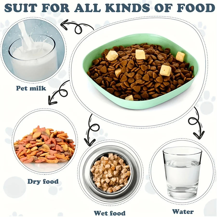A set of non-slip shallow bowls for feeding cats and small pets, showing examples of wet food, dry food, and water.