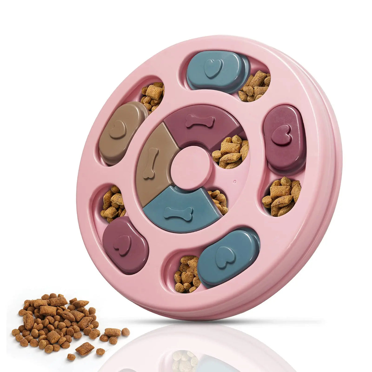 A pink interactive dog puzzle feeder toy with multiple compartments for slow treat dispensing.