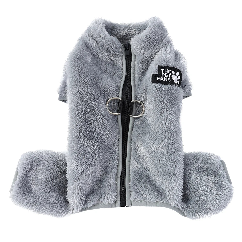 Gray faux fur fleece dog jumpsuit with a zipper and a black patch featuring a paw print.