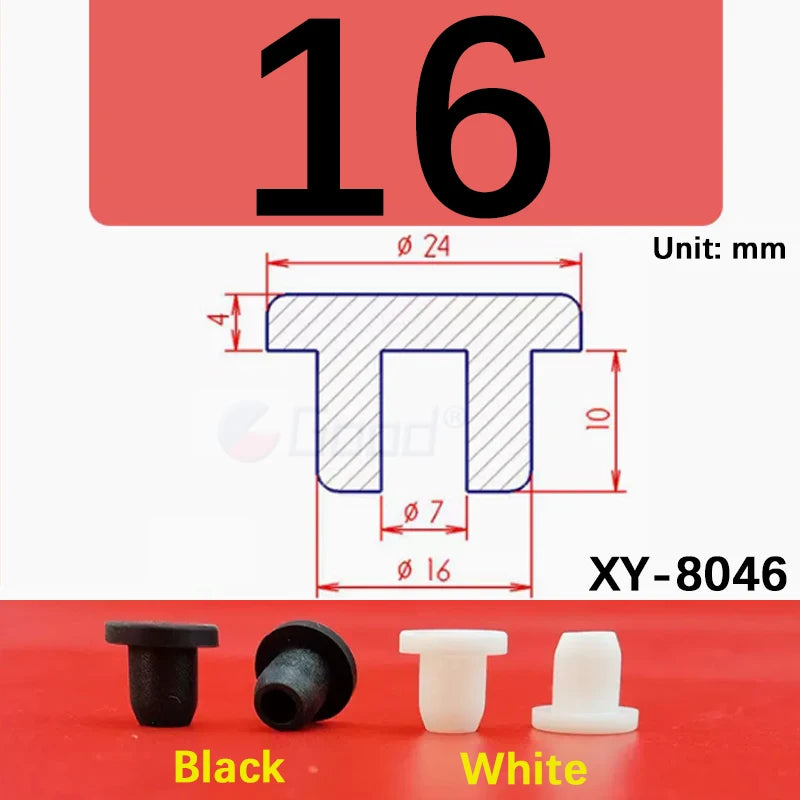 Black and white silicone rubber hole plugs with dimensions 16mm and 10mm