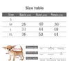 Table showing measurements for S, M, L, and XL sizes of a dog jacket.