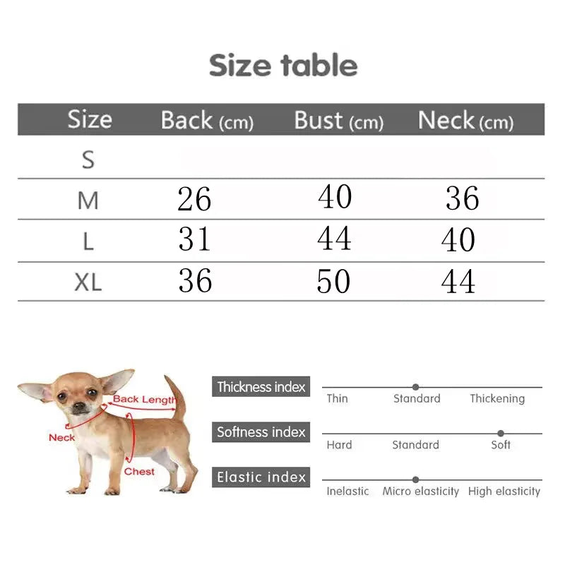 Table showing measurements for S, M, L, and XL sizes of a dog jacket.