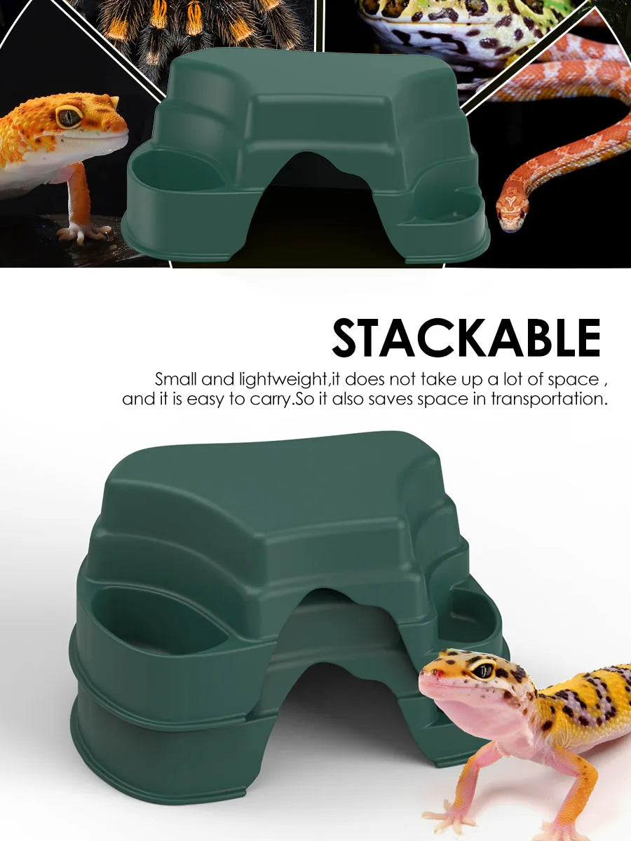 Reptile Hide Cave Decor with 2 Food Bowls
