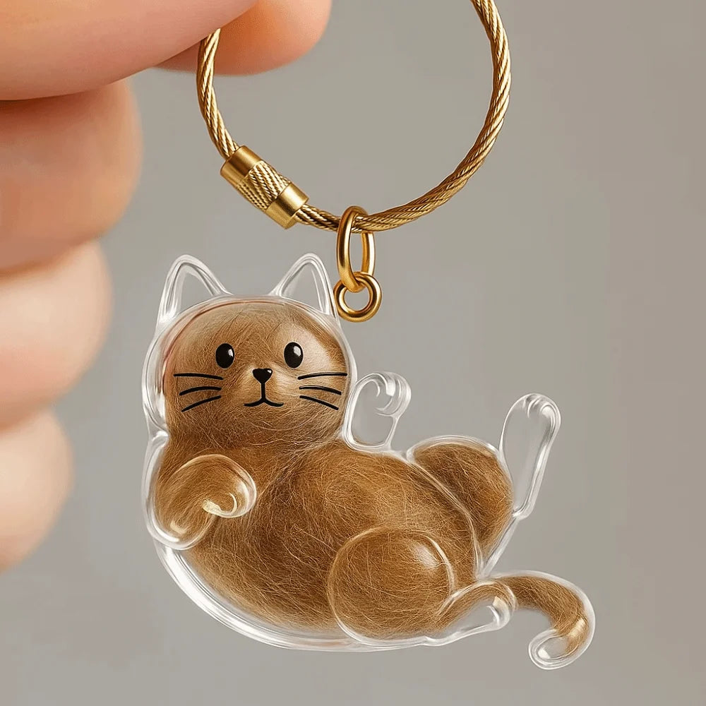 Klarer Harzanhänger in Katzenform, braun, an einer goldfarbenen Kette befestigt.