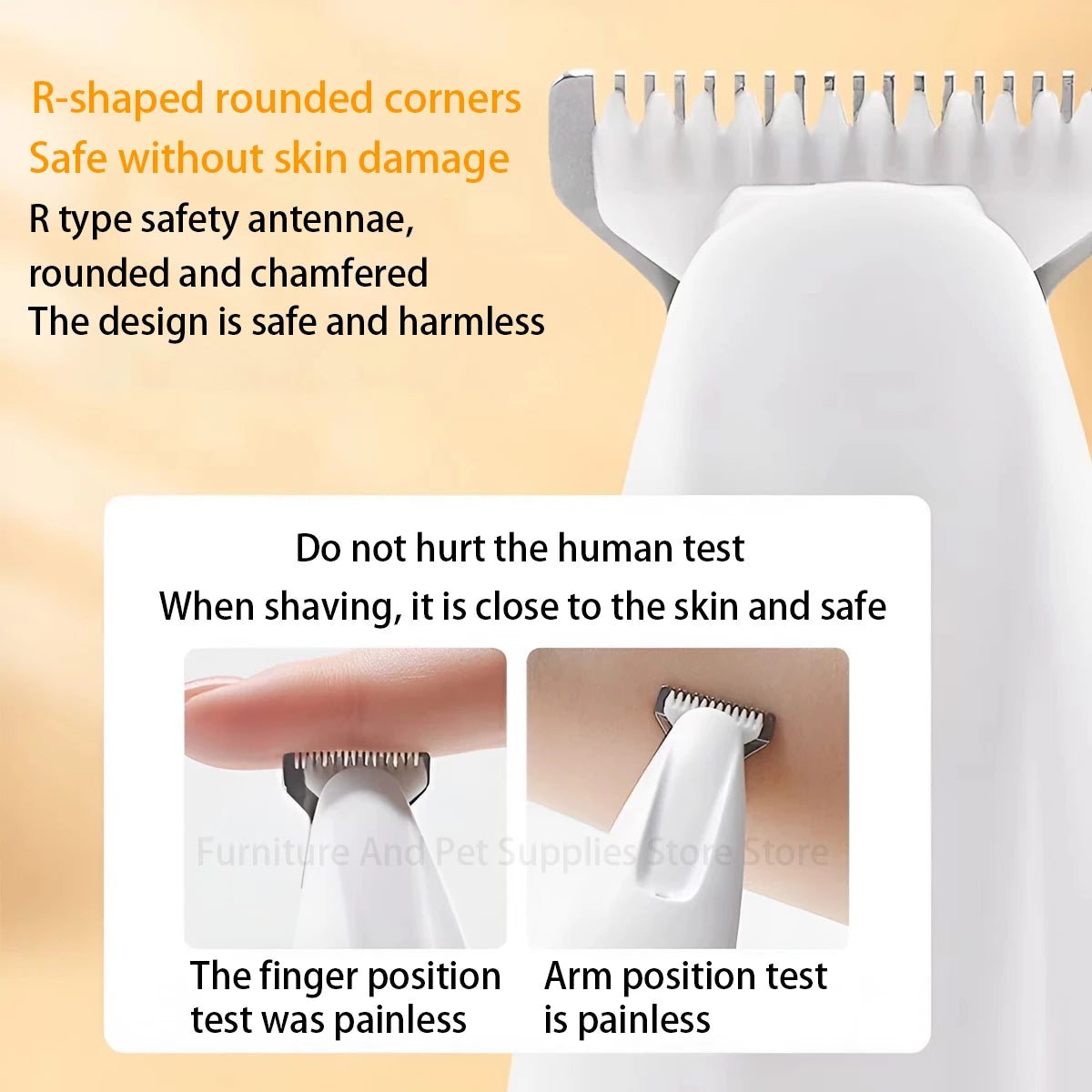 Close-up of an R-shaped rounded corner trimmer head demonstrating safe and painless operation on skin.