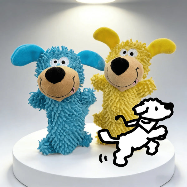 Two plush toys, one blue and one yellow, resembling dogs, are displayed on a white stand.