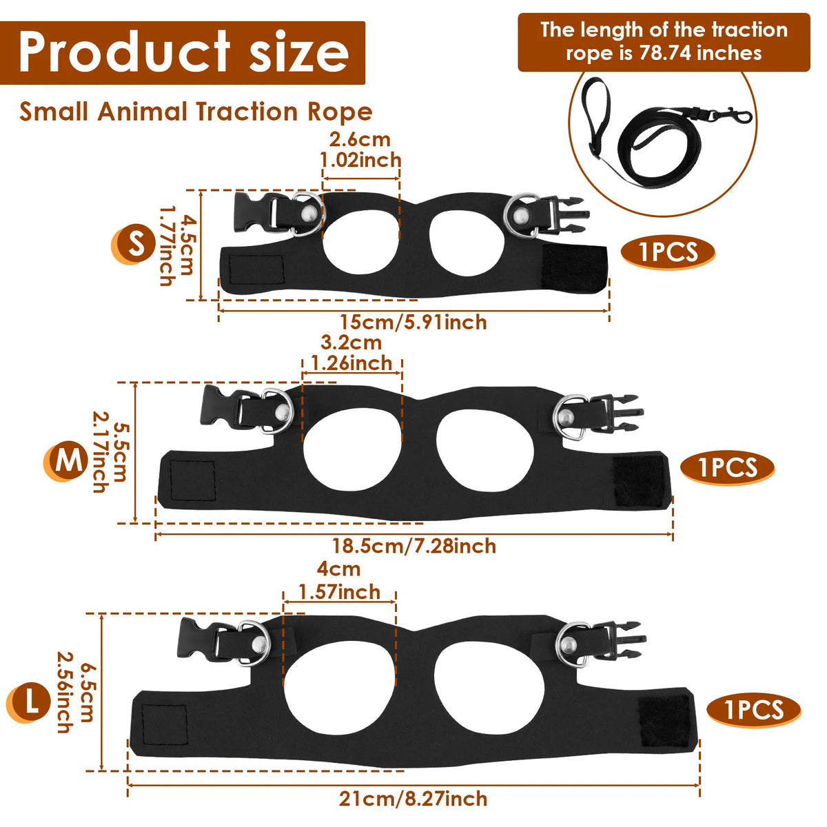 Three sizes of soft leather traction rope harnesses for small animals, labeled S, M, and L.