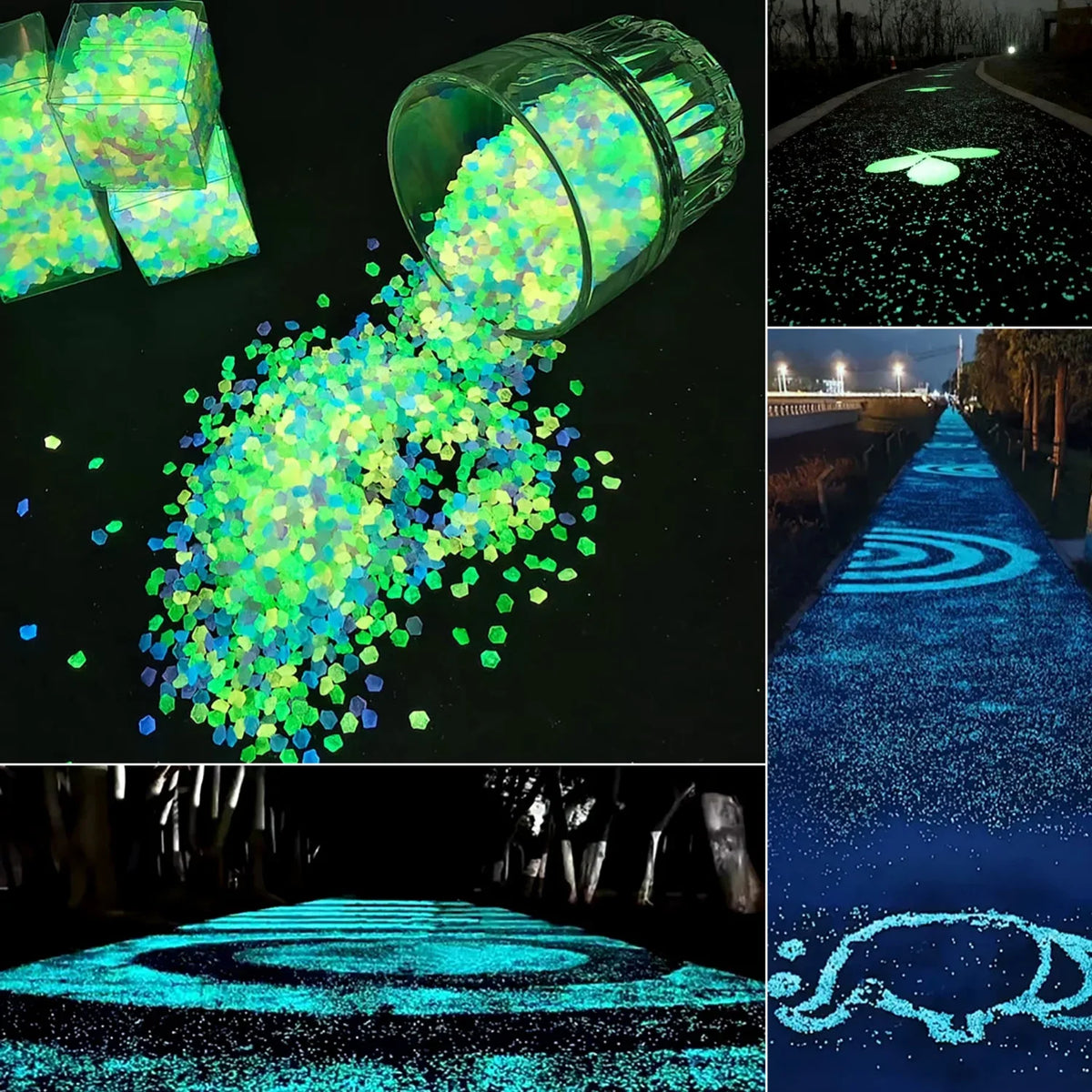 Glow-in-the-dark decorative resin pebbles scattered and used as light in a dark environment.