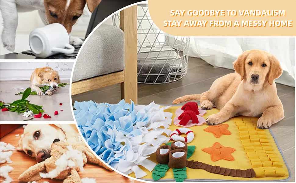 A yellow pet blanket with various fabric pieces and toys for dog sniffing training.