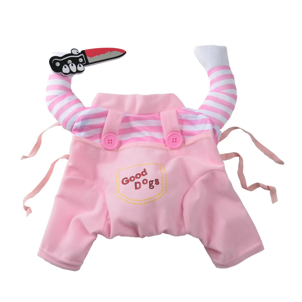 Pink striped pet costume for dogs featuring a Halloween-themed knife accessory