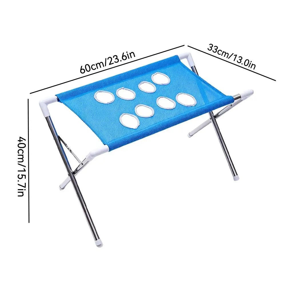 A blue mesh hammock pet grooming stand with 10 oval slots for bathing and nail trimming.