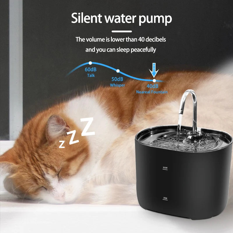 A black cat water fountain is shown next to a sleeping orange and white cat, illustrating its silent operation.