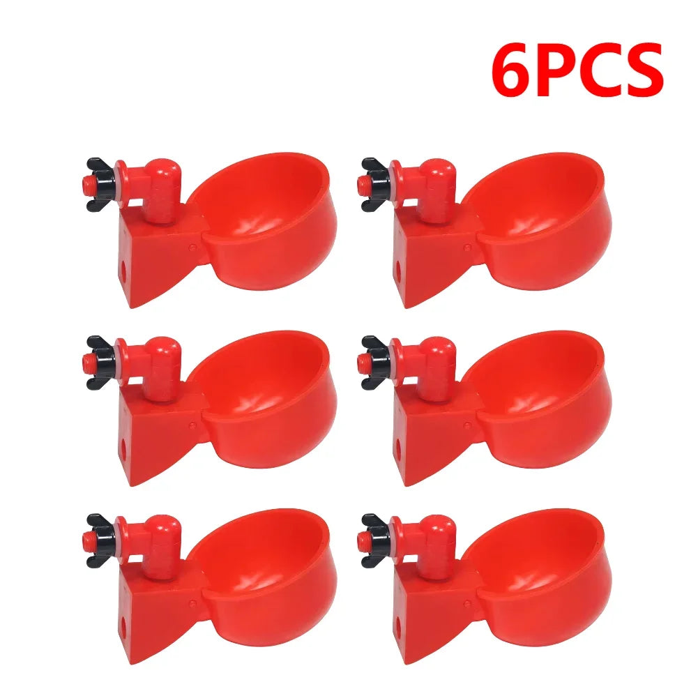 Six pieces of red automatic poultry drinking cups with easy installation.