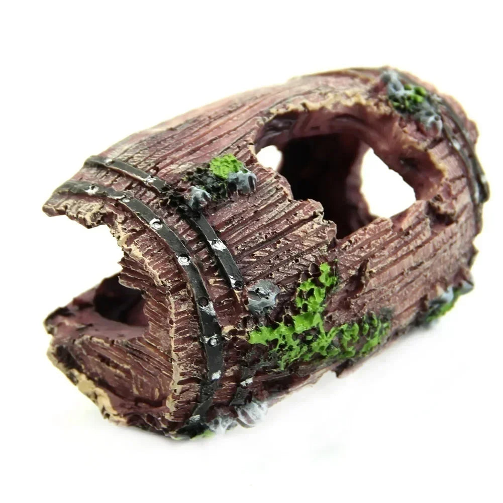Rustic Resin Barrel Aquarium Ornament with Moss Accents