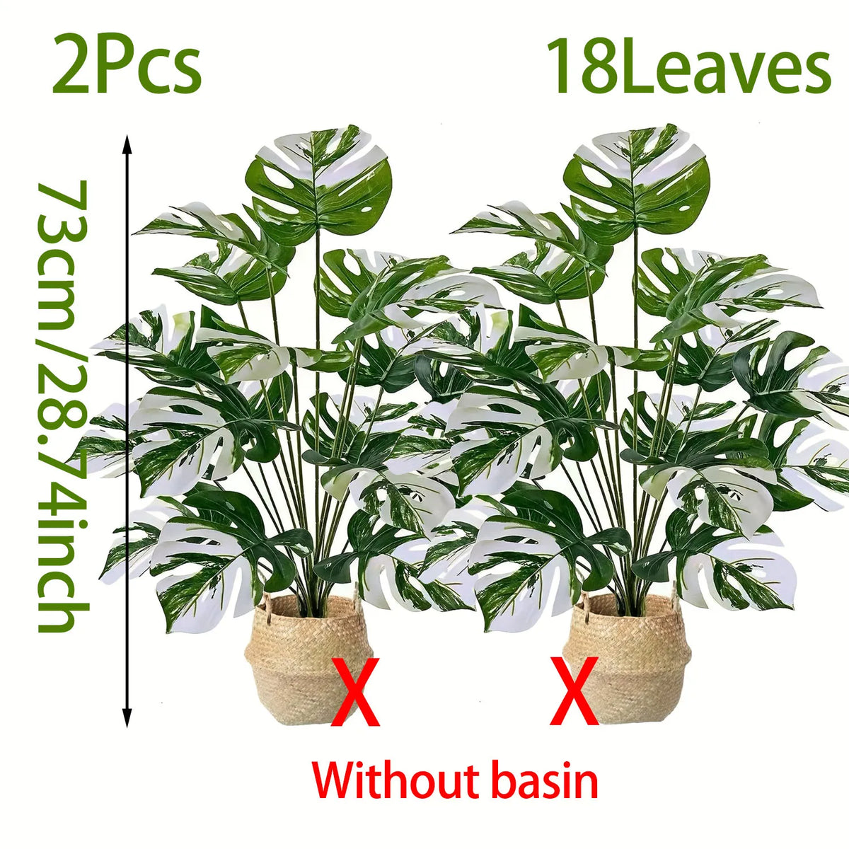 Two artificial monstera plants with variegated green and white leaves shown without a decorative basin.