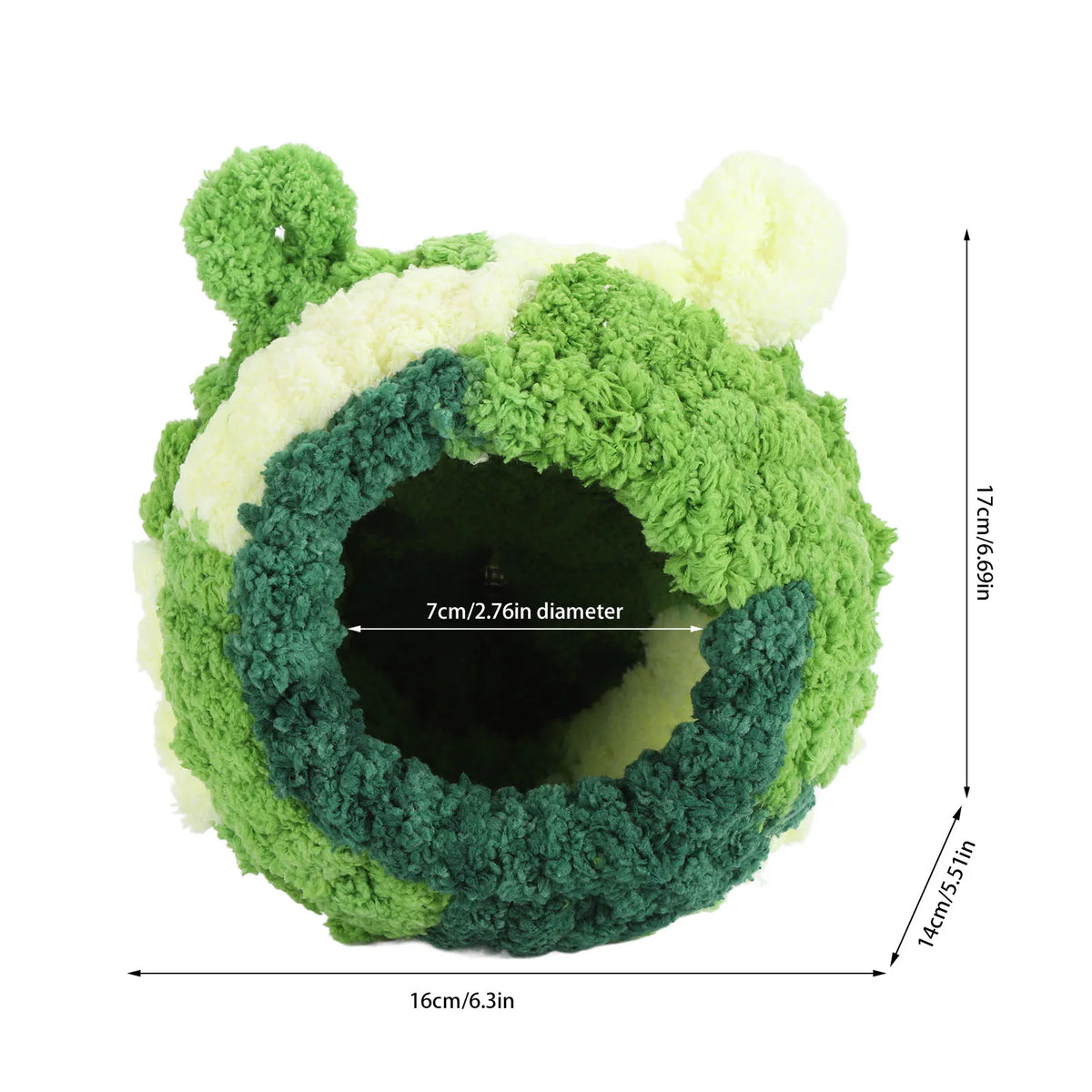 A round, textured green and cream velvet bird nest bed with a dark center.