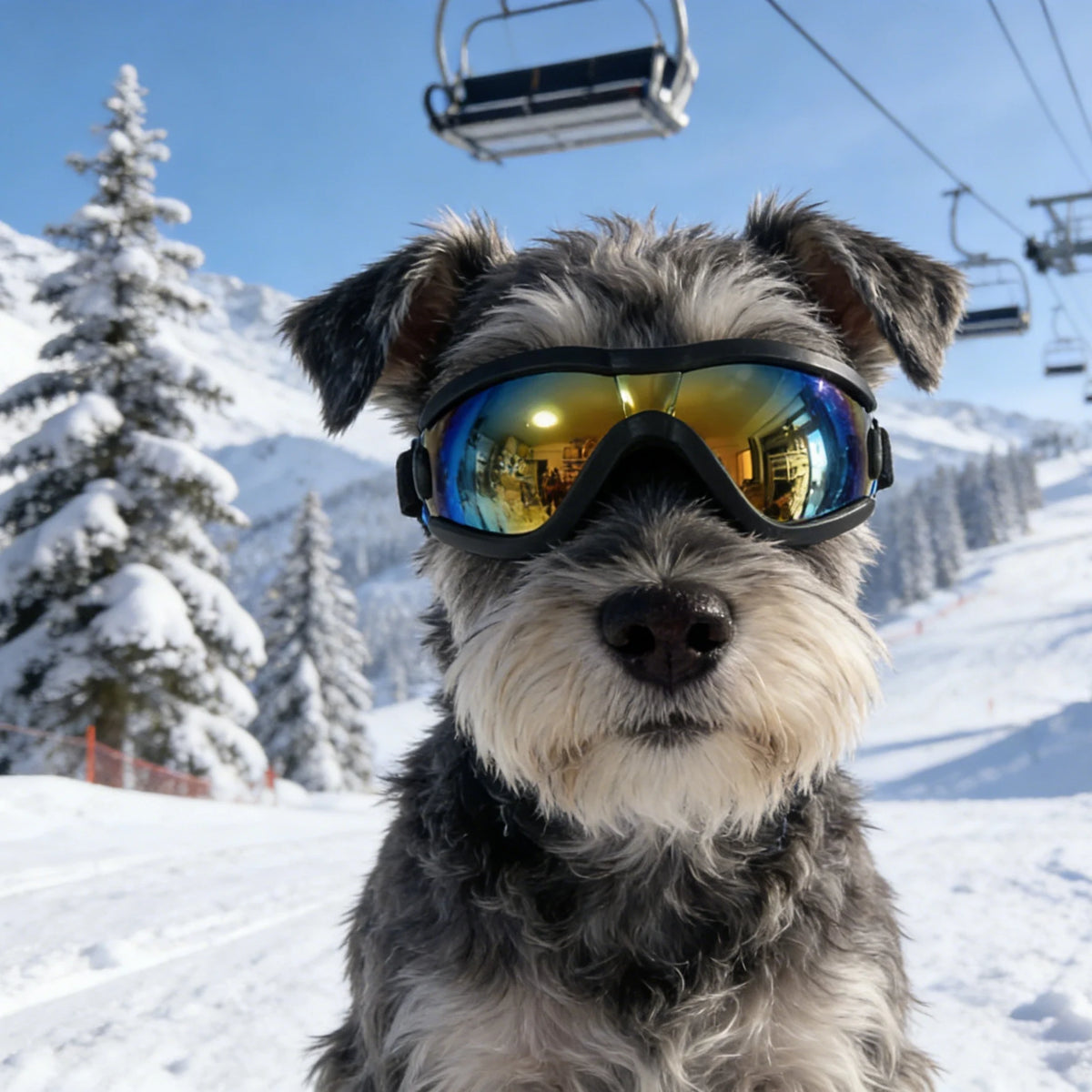 A fluffy dog wearing yellow-tinted UV protection sunglasses in a snowy outdoor setting.