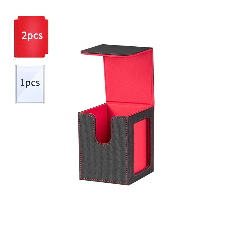 A red and black PU leather magnetic card deck box with a display window, shown next to two separate pieces.