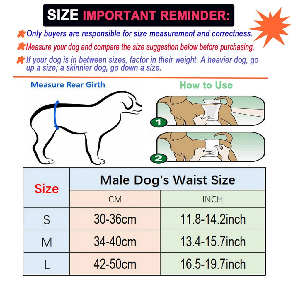 Size chart and instructions for selecting the correct size of washable dog diaper wraps for male dogs.