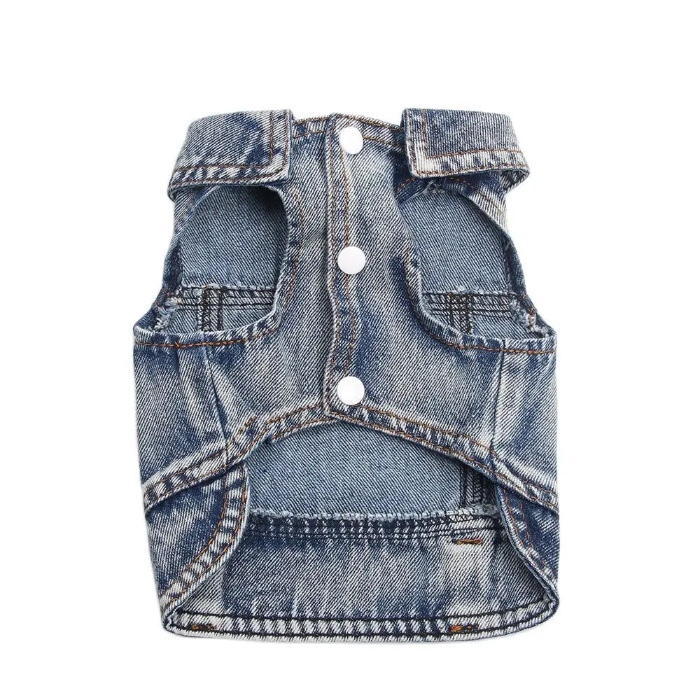 Ein klassische Jeansjacke für Hunde mit Knopfverschluss und fransigen Kanten.