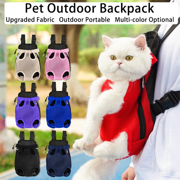 A white cat is wearing a red pet outdoor backpack on a person's shoulder, with various color options displayed below.