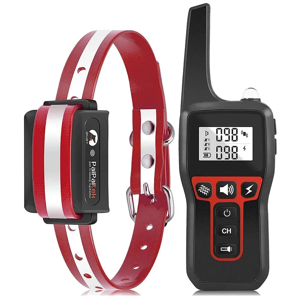 A red dog bark collar and remote control are shown, featuring a black casing and white accents.