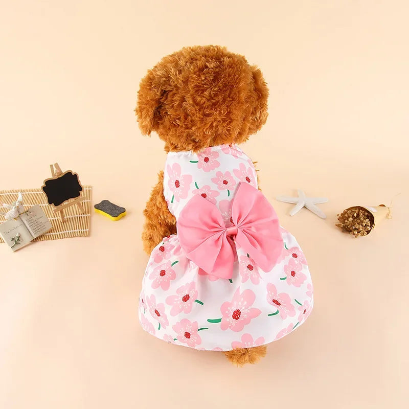 Princess-Style Summer Dog Dress with Bow for Small Breeds