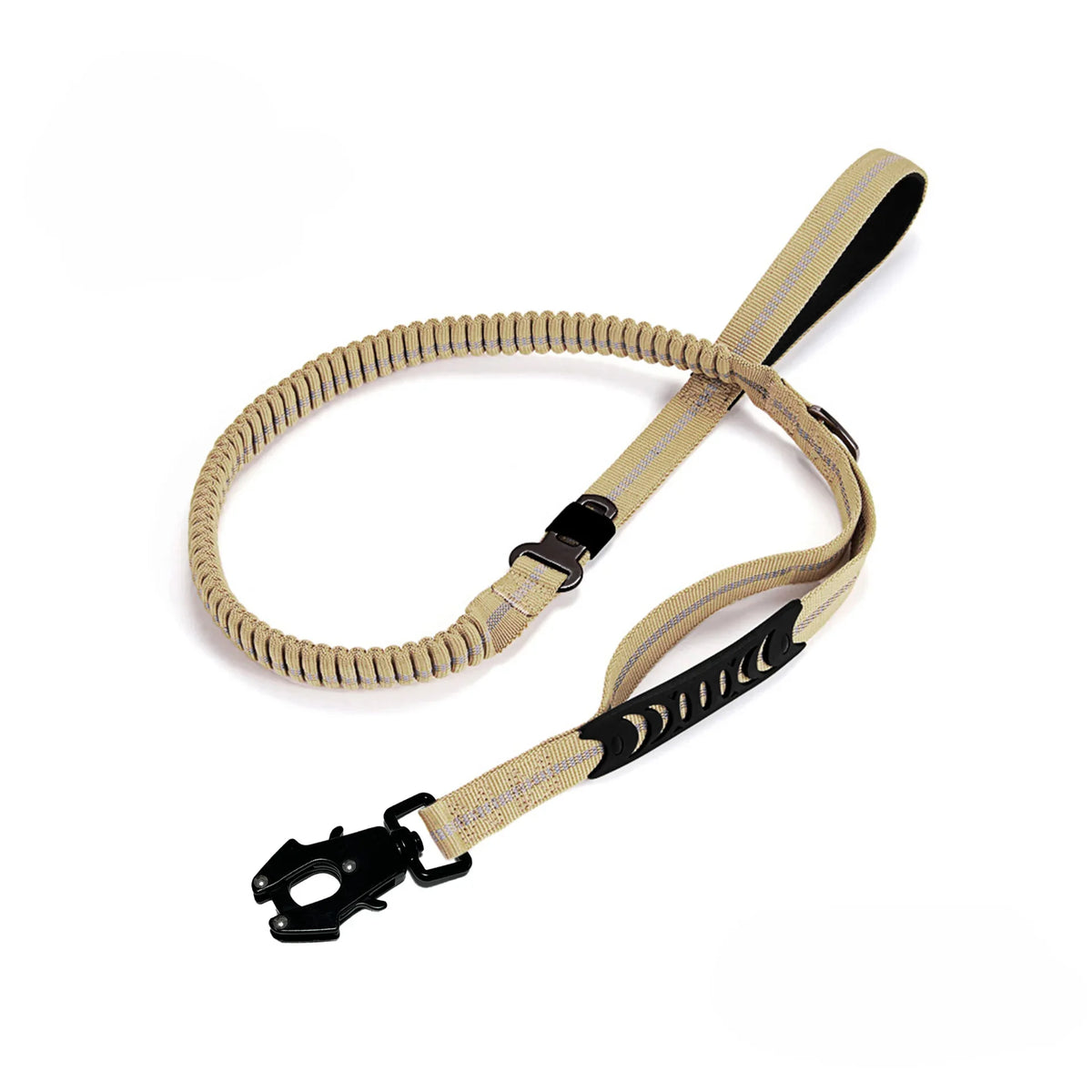 A heavy duty reflective dog leash with padded handles and traffic control features.