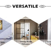 Versatile adjustable wooden pet gate shown in three contexts: bottom of a stair, dining room entrance, and living room door.