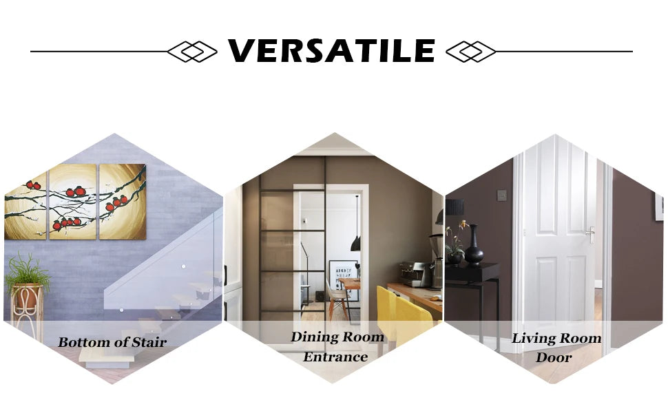 Versatile adjustable wooden pet gate shown in three contexts: bottom of a stair, dining room entrance, and living room door.