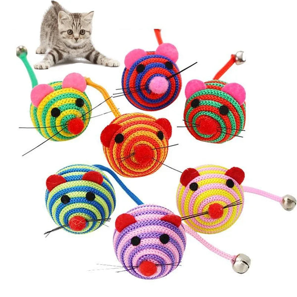 A colorful cat rope mouse toy featuring a jingle bell and various colored yarn balls.
