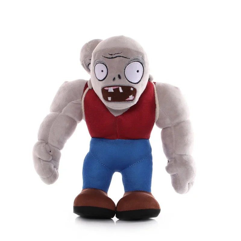 A plush toy of the Plants vs. Zombies Gargantuar, featuring gray skin and red torso and blue legs.