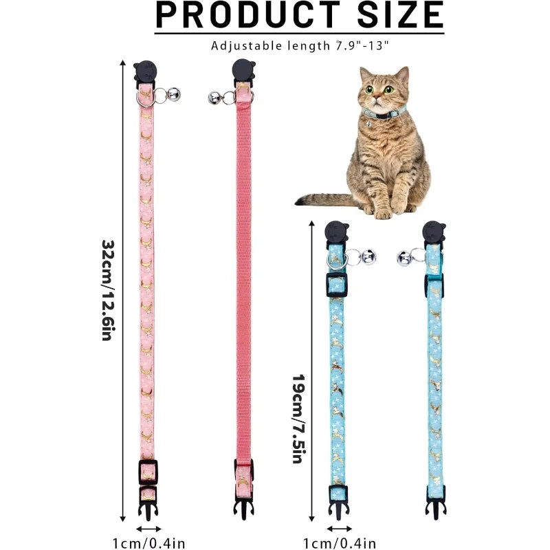A long pink glow-in-the-dark collar for a cat or dog with an attached bell shown next to a cat.