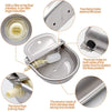 A stainless steel floating water bowl with a filter at the float interface and fixing holes for replacement.