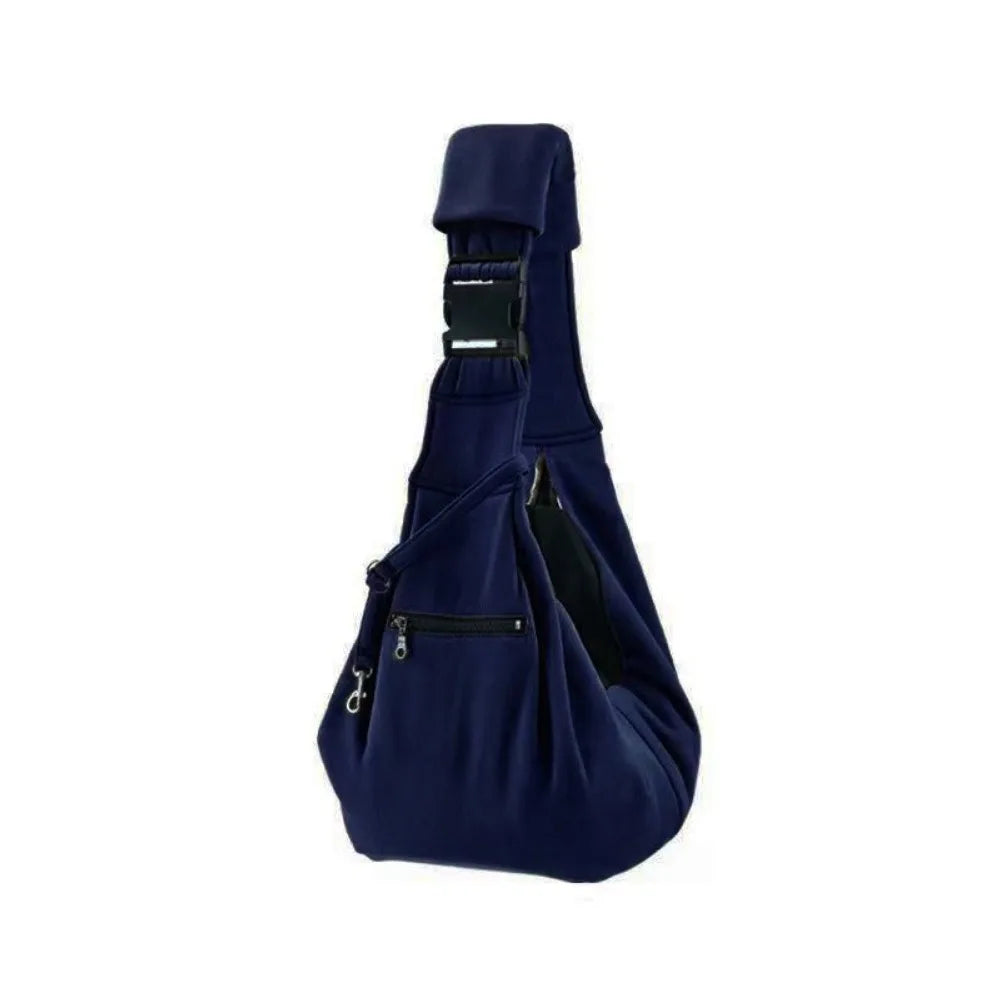 Navy blue double-sided pet carrier bag with a safety harness
