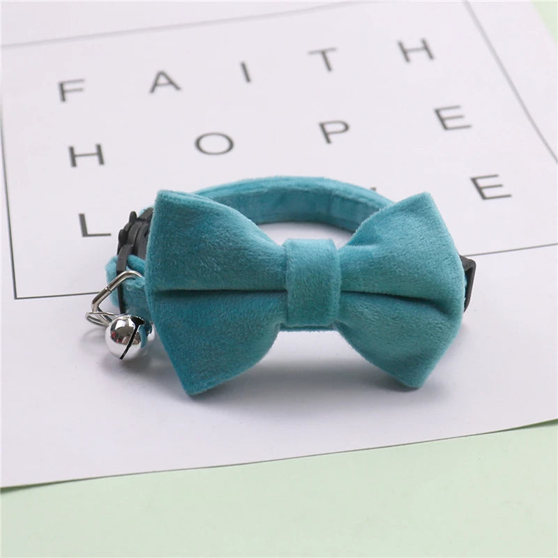 A teal plush velvet pet collar featuring a bow and a silver bell, resting on a white paper with inspirational words.