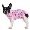 A black and white dog wearing a pink patterned recovery suit.