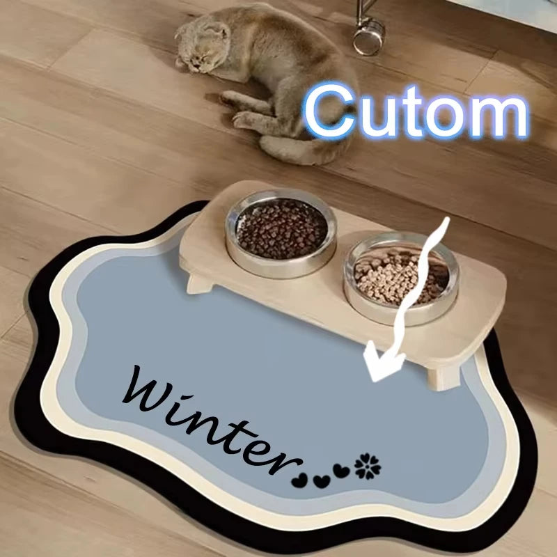 A pet feeding mat with a non-slip base holds dry pet food, featuring a cute design.