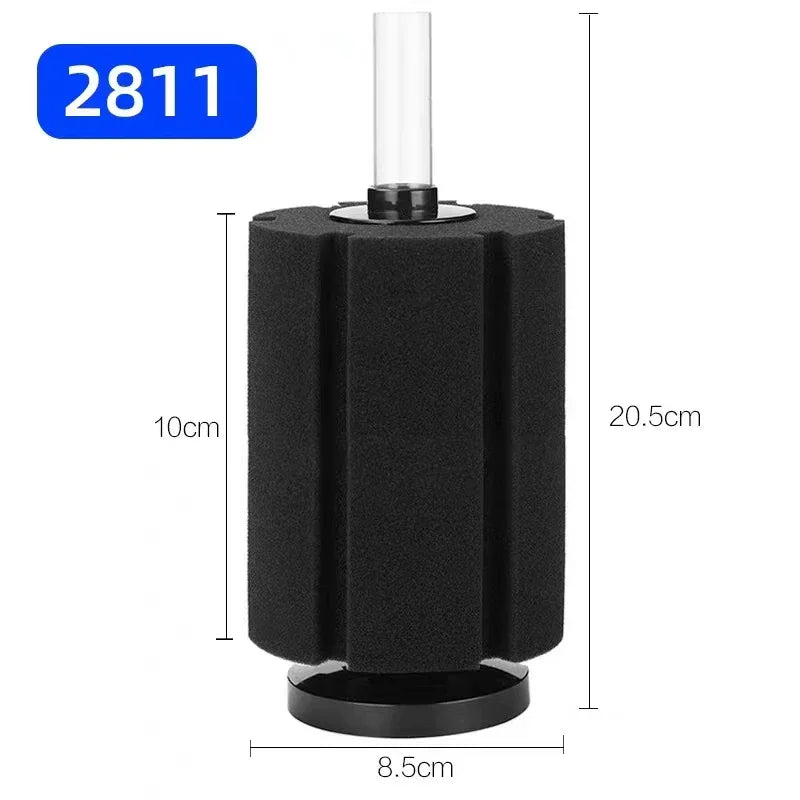 Black aquarium bio sponge filter with an air pump skimmer visible from the side.