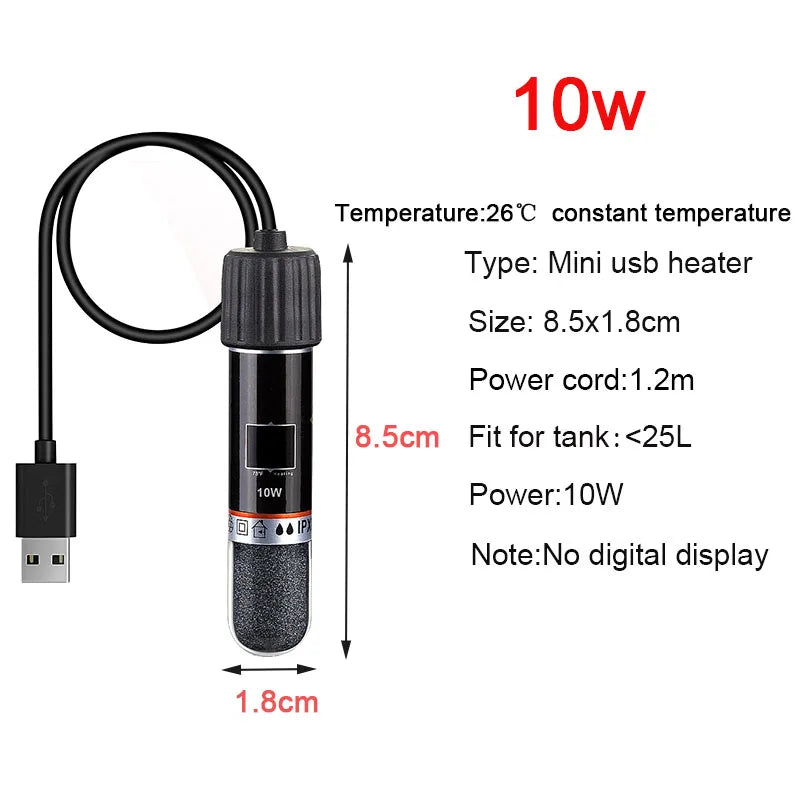 A black mini USB heater with a cord is shown next to specifications detailing its size, power, and temperature.