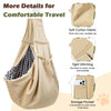 A beige fabric dog sling carrier with a plaid lining and storage pockets shown in detail.
