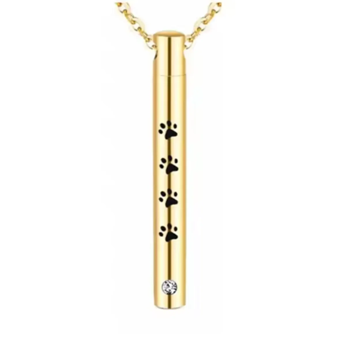A gold-colored stainless steel pet memorial necklace featuring paw prints and a diamond charm.