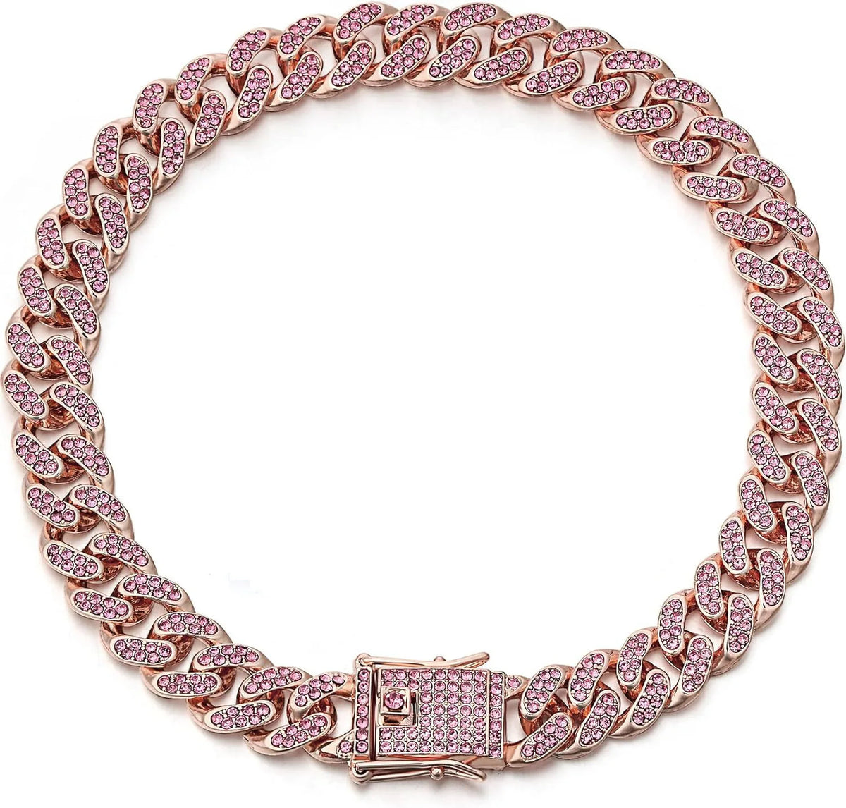 Rosa Roségold-Strass-Cuban-Kette für Hundehalsband mit rechtecklichem Verschluss.